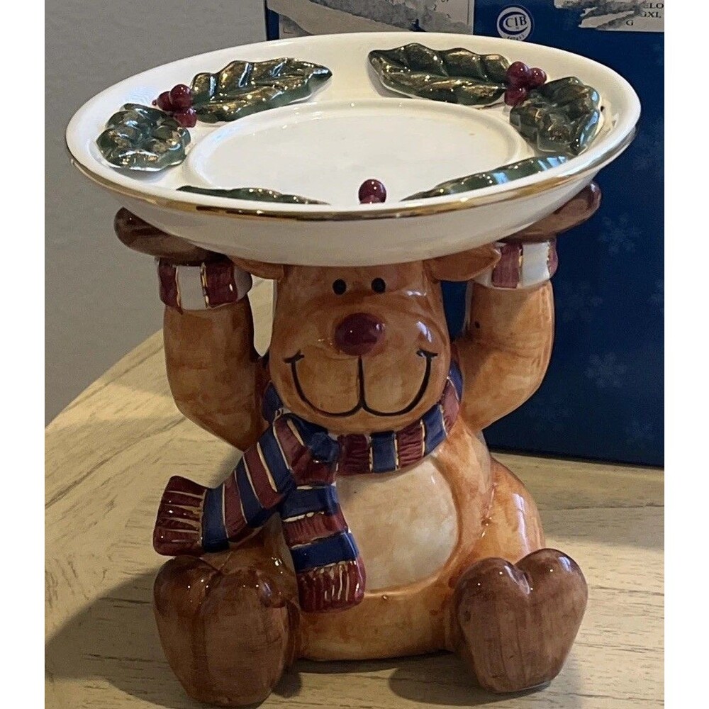 Christmas Dazzle Ceramic Bear Candle or Candy Plate 24K gold accents Rare!